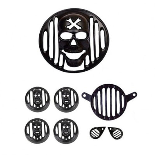 Black Skull Face Head Tail & Indicator Pilot Light Grill Set For Royal Enfield Motorcycle Classic Modal